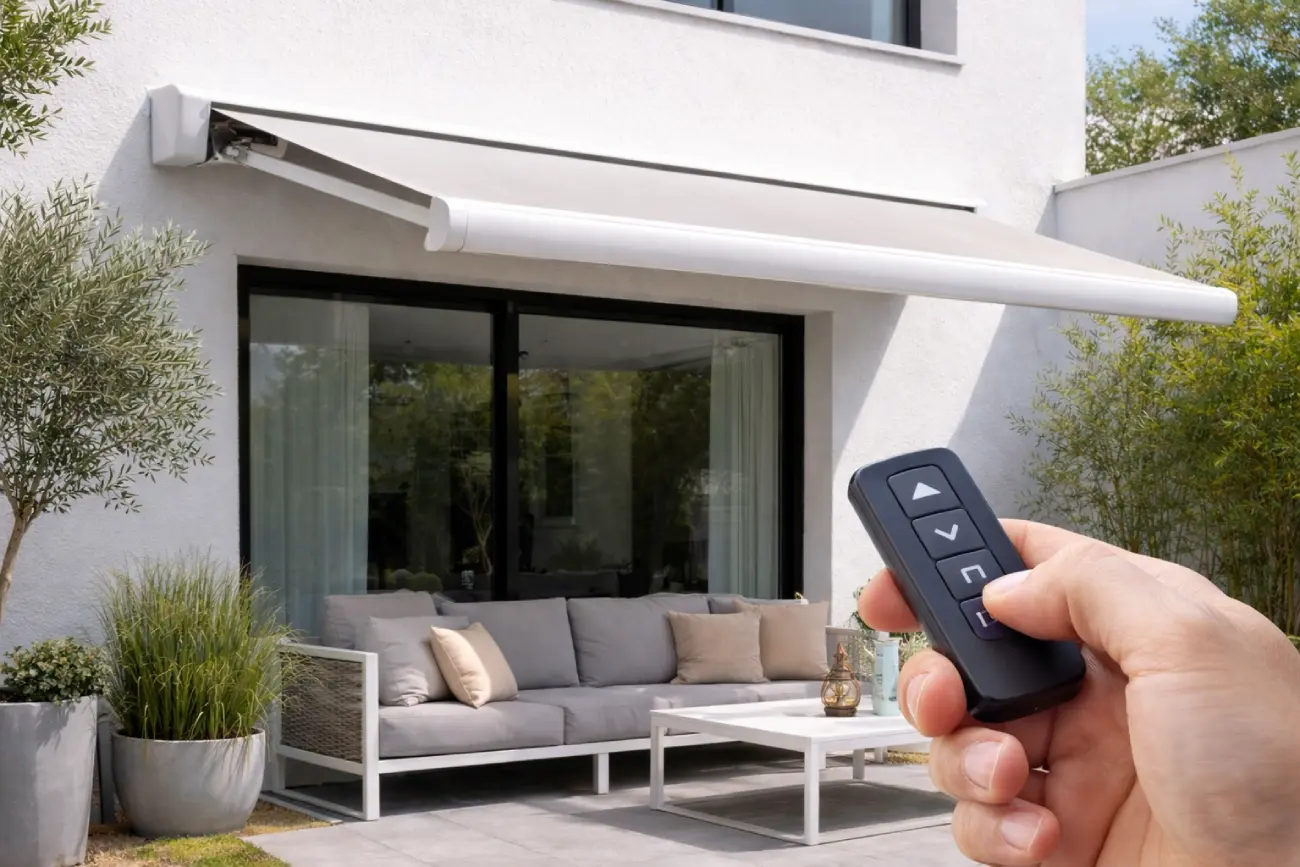 Toldo motorizado de brazos extensibles con sensor de viento
