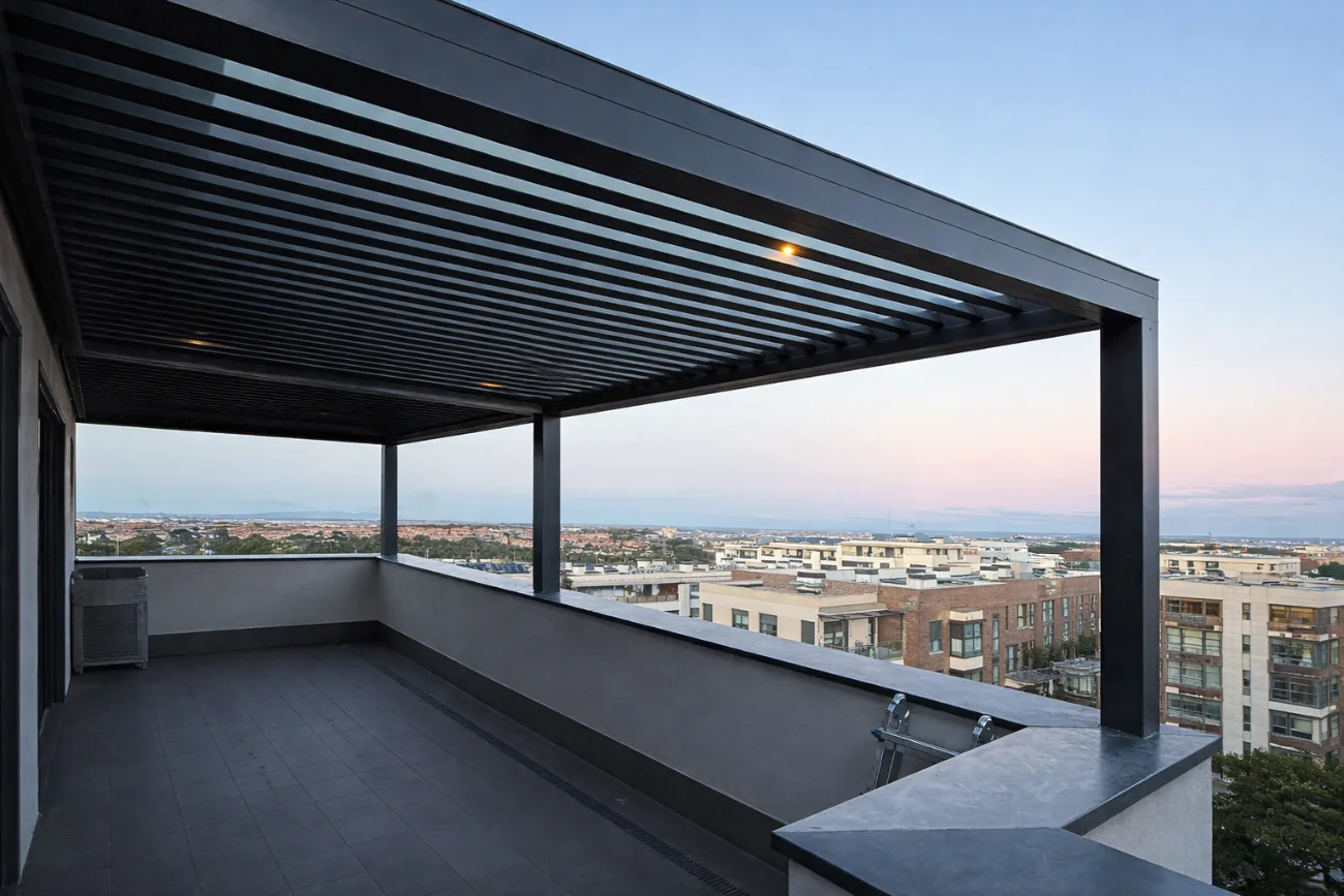 Pérgola de aluminio instalada en un patio de Madrid