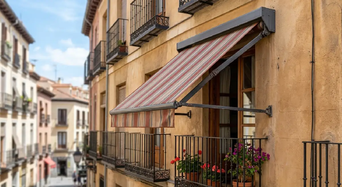 Toldo de punto recto en fachada de edificio en Madrid