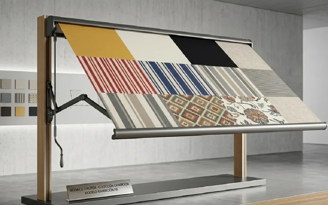 toldo en exhibición con diferentes muestras de lonas y colores